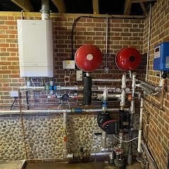 Commercial gas boiler installation in Norfolk with Worcester boiler, expansion vessels and heating pipework