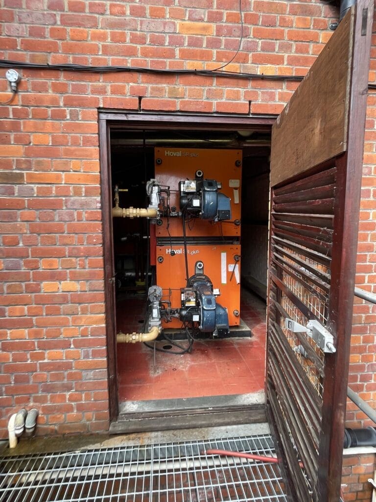 Commercial plant room boiler servicing in Norfolk with Hoval boilers and burner units