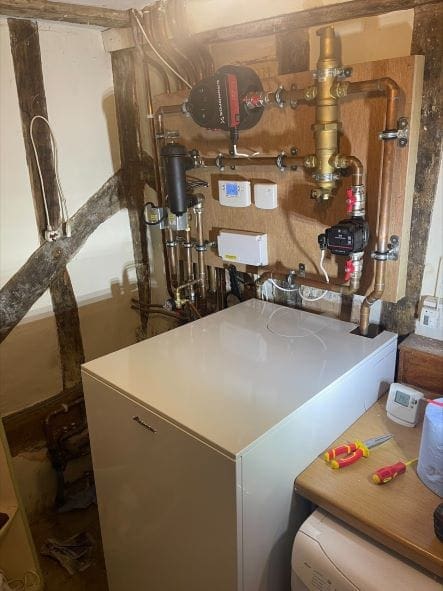Oil boiler installation in Norfolk with copper pipework, heating controls and system filter