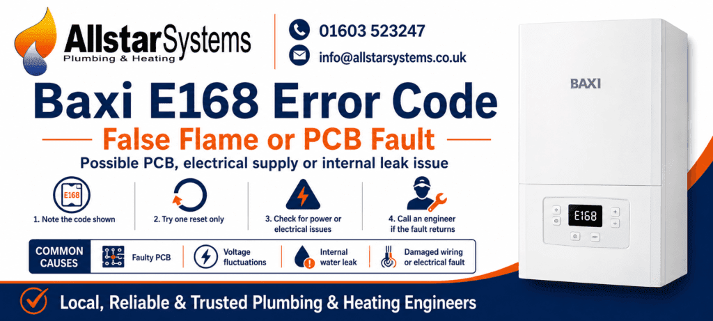 Baxi E168 Error Code: Causes, Fixes and When to Call an Engineer | Allstar Systems Ltd Baxi E168 false flame or PCB fault guide from Allstar Systems Plumbing and Heating