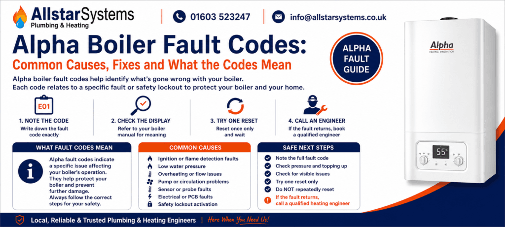 Alpha boiler fault codes guide explaining common boiler errors, ignition faults, low pressure, overheating, sensor faults and safe next steps from Allstar Systems Plumbing & Heating.