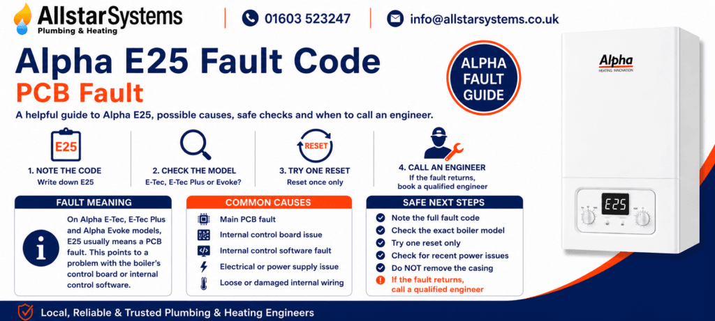 Alpha E25 fault code guide explaining a PCB fault on Alpha E-Tec, E-Tec Plus and Evoke models, with safe checks and engineer advice from Allstar Systems Plumbing & Heating.