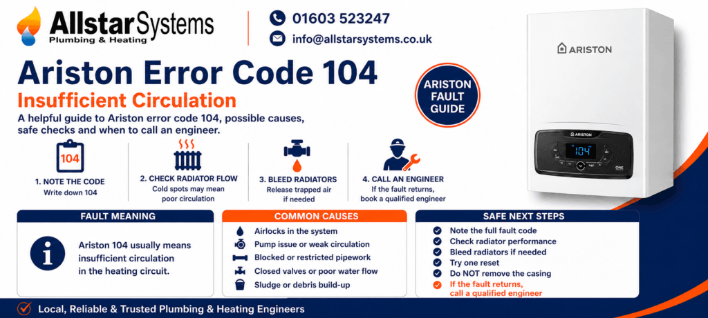 Ariston 104 Error Code: Causes, Fixes and Safe Solutions | Allstar Systems Ltd Ariston 104 error code guide explaining insufficient circulation, radiator flow checks, trapped air, pump issues and engineer advice from Allstar Systems Plumbing & Heating.