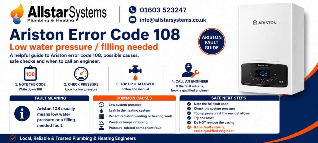 Ariston Error Code 108: Causes, Fixes and Safe Checks | Allstar Systems Ltd Ariston error code 108 guide explaining low water pressure, filling needed, pressure checks, possible leaks and engineer advice from Allstar Systems Plumbing & Heating.