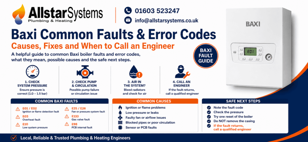 Baxi common faults and error codes guide from Allstar Systems Plumbing and Heating