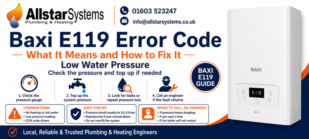 Baxi E119 Fault: Causes, Fixes and Safe Solutions | Allstar Systems Ltd Baxi E119 low water pressure guide from Allstar Systems Plumbing and Heating