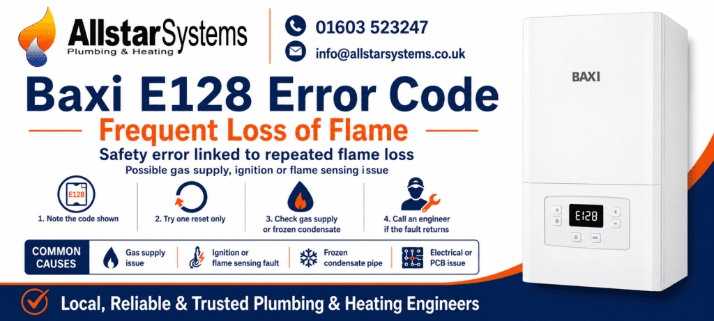 Baxi E128 Error Code: Causes, Fixes and Safe Solutions | Allstar Systems Ltd Baxi E128 fault code guide for a frequent loss of flame safety error, with safe boiler checks and engineer advice from Allstar Systems Plumbing & Heating.