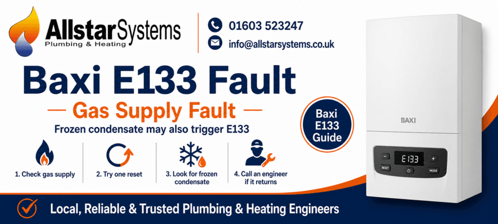Baxi E133 gas supply fault guide from Allstar Systems Plumbing and Heating