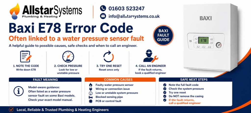 Baxi E78 Error Code: Causes, Fixes and Safe Checks | Allstar Systems Ltd Baxi E78 error code guide explaining possible water pressure sensor faults, safe pressure checks and engineer advice from Allstar Systems Plumbing & Heating.