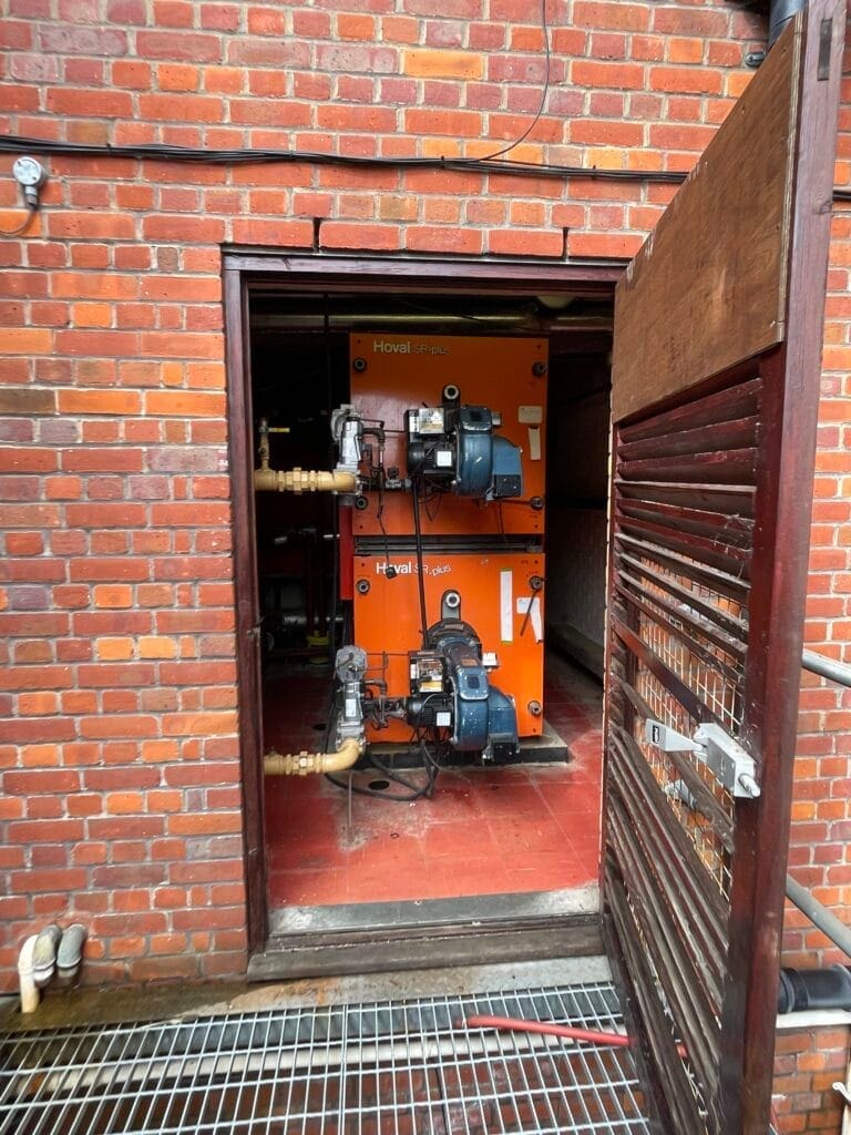 Commercial plant room with gas boilers for testing, purging, servicing and repair work