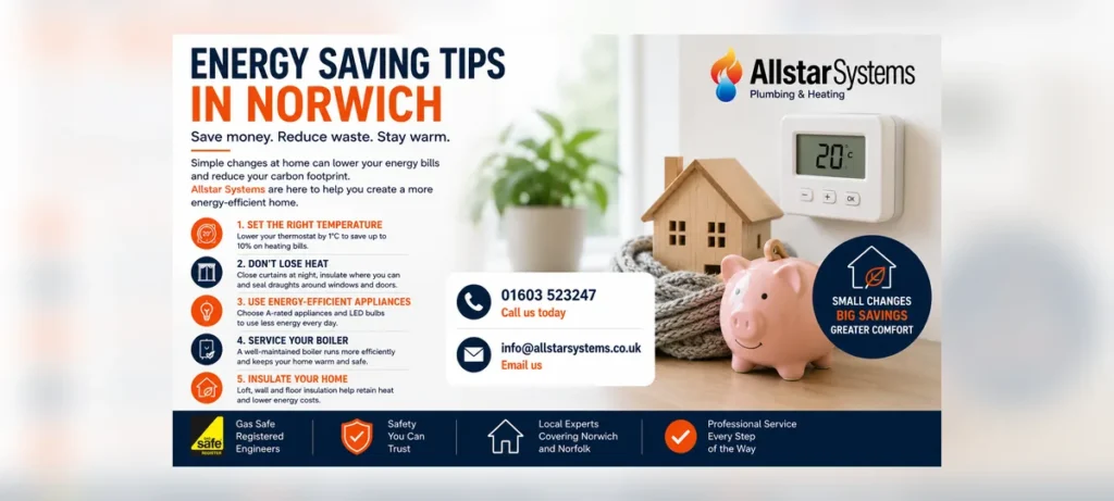 Energy Saving Tips Norwich: Lower Heating Bills in Norfolk Homes | Allstar Systems Ltd Allstar Systems energy saving tips image showing a thermostat, lower heating bills, reduced energy waste, boiler servicing and home efficiency advice
