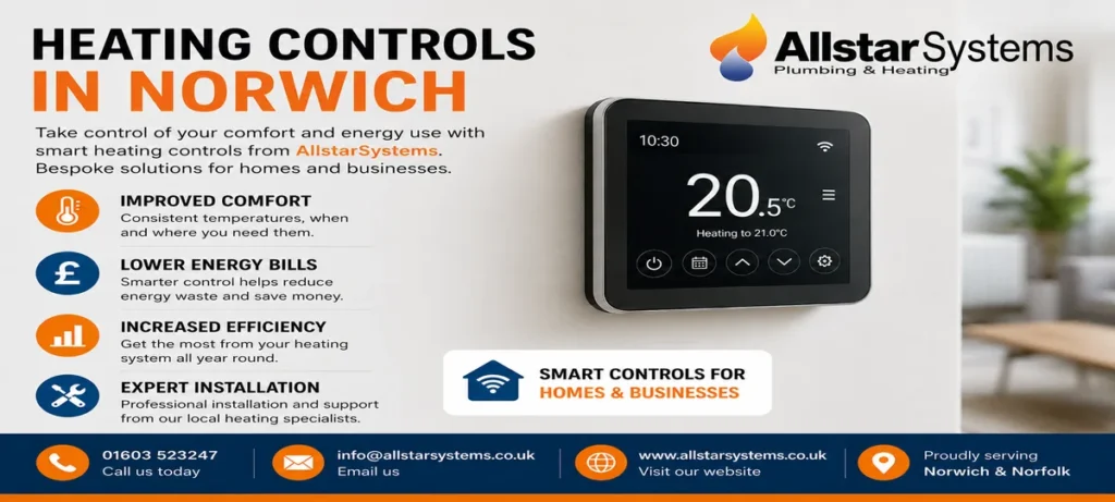 Allstar Systems heating controls image showing a smart thermostat, improved comfort, lower energy bills and efficient heating control for homes and businesses
