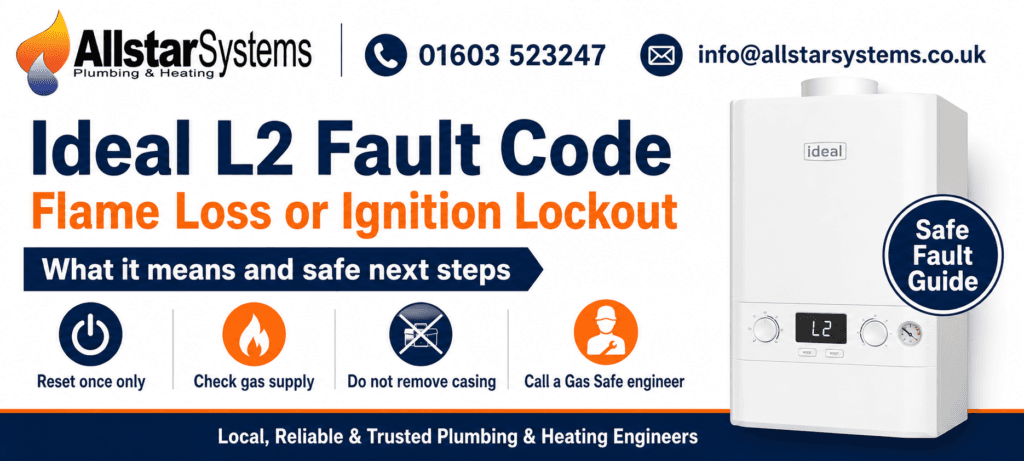 Ideal boiler showing L2 fault code for flame loss or ignition lockout