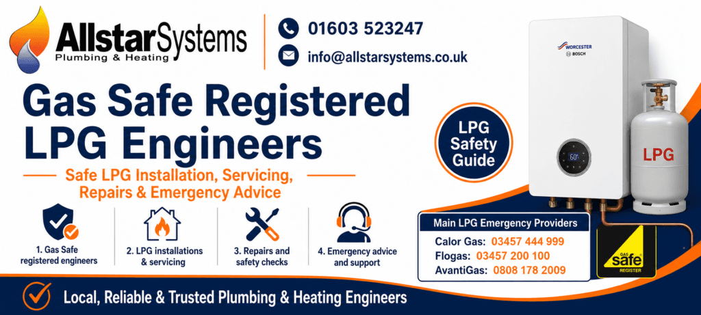 Gas Safe registered LPG engineers guide from Allstar Systems Plumbing and Heating with Calor Gas, Flogas and AvantiGas emergency numbers