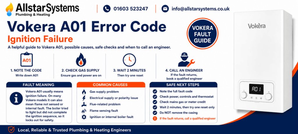 Vokera A01 Error Code: Causes, Checks and Fixes | Allstar Systems Ltd Vokera A01 error code guide explaining ignition failure, flame not sensed, gas supply checks, safe reset advice and engineer support from Allstar Systems Plumbing & Heating.Vokera A01 error code guide explaining ignition failure, flame not sensed, gas supply checks, safe reset advice and engineer support from Allstar Systems Plumbing & Heating.