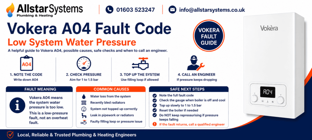 Vokera A04 fault code guide explaining low system water pressure, pressure gauge checks, topping up the system safely and engineer advice from Allstar Systems Plumbing & Heating.