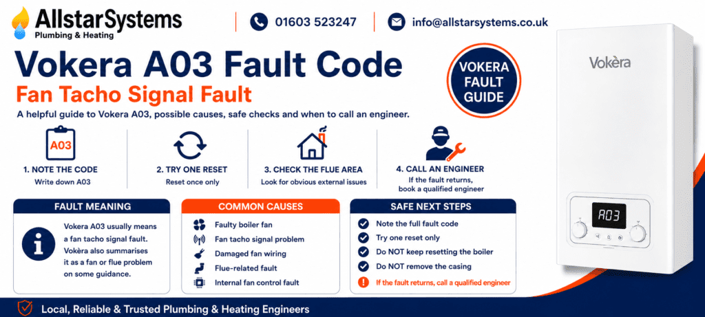 Vokera A03 Fault Code: Causes, Fixes and Safe Checks | Allstar Systems Ltd Vokera A03 fault code guide explaining a fan tacho signal fault, possible fan or flue problem, safe reset advice and engineer support from Allstar Systems Plumbing & Heating.