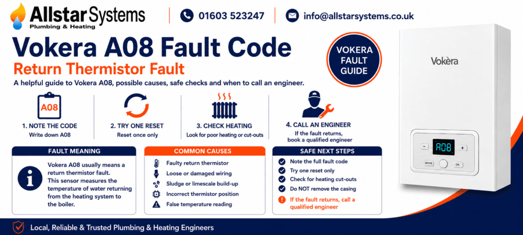 Vokera A08 fault code guide explaining a return thermistor fault, possible wiring issues, sludge or limescale build-up, heating cut-outs and engineer advice from Allstar Systems Plumbing & Heating.