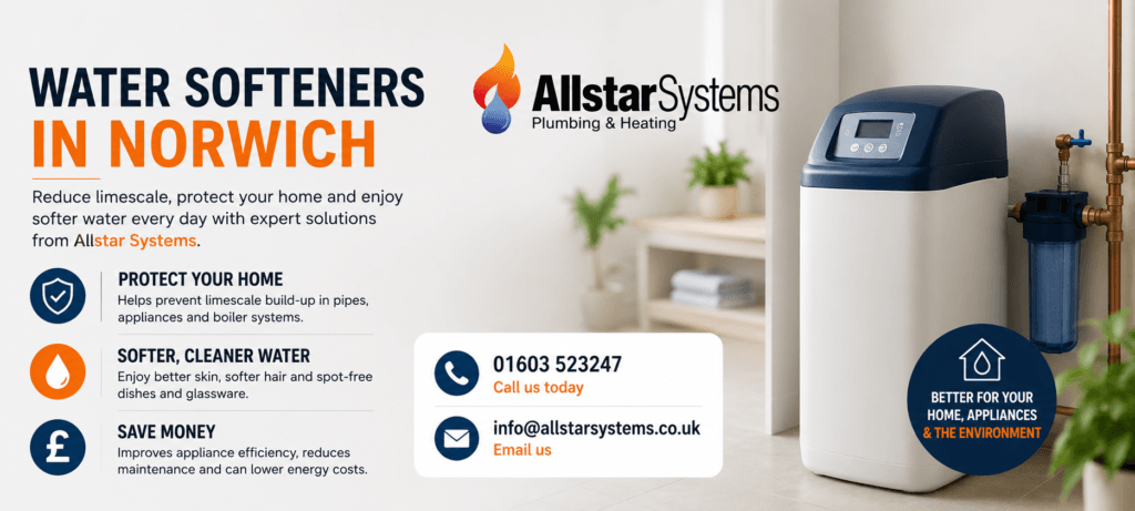 Water Softeners Norwich: Benefits, Hard Water Signs and What to Know | Allstar Systems Ltd Allstar Systems water softeners image showing a home water softener system, limescale protection, softer cleaner water and appliance efficiency benefits