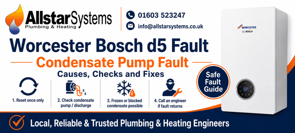 Worcester Bosch boiler showing d5 fault code for a condensate pump fault