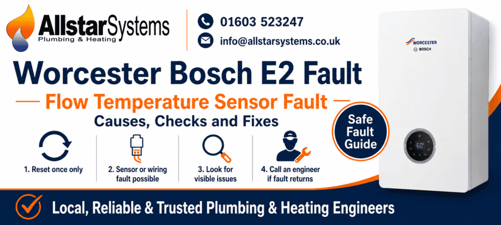Worcester Bosch boiler showing E2 fault code for a flow temperature sensor fault