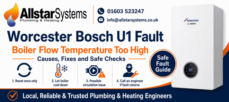 Worcester Bosch boiler showing U1 fault code for boiler flow temperature too high